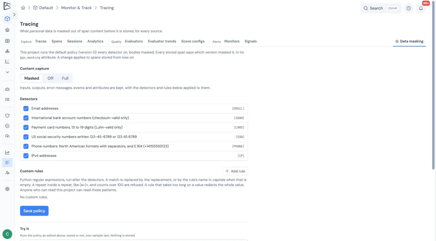 The Data masking page with content capture set to Masked, the six built-in detectors switched on, and the custom rules section