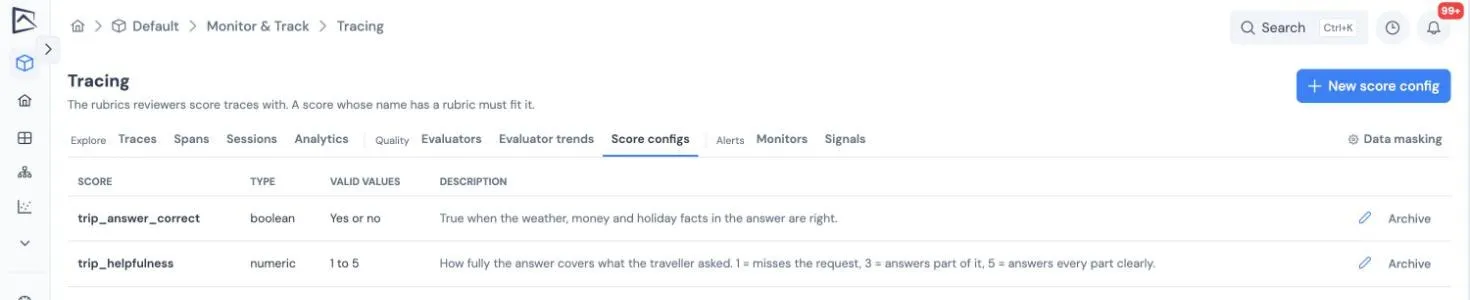 The Score configs tab listing a yes/no score and a 1-to-5 numeric score with reviewer guidance