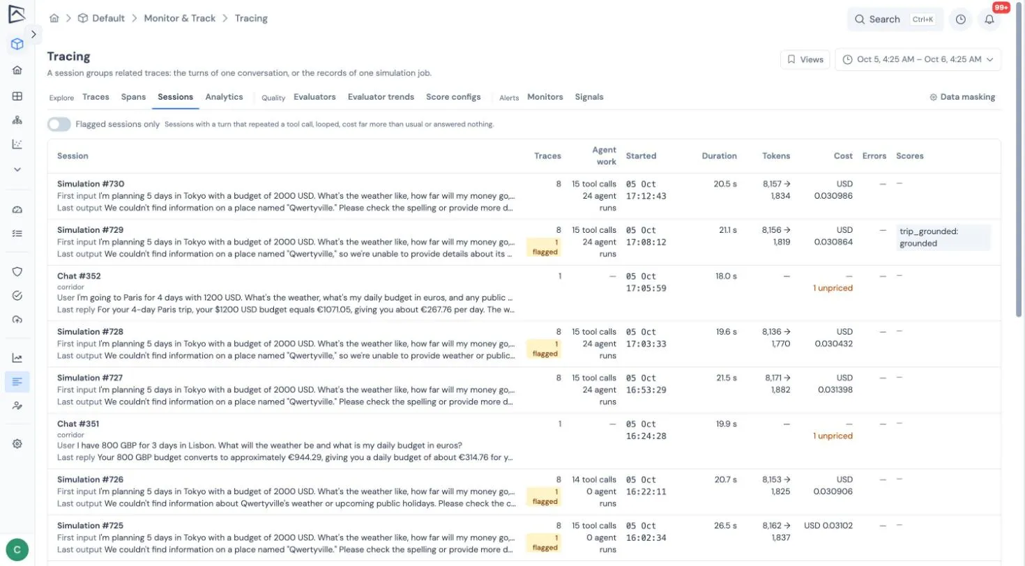 The Sessions tab listing simulation and chat sessions with their first input, last output, traces, agent work, tokens, cost and flagged turns